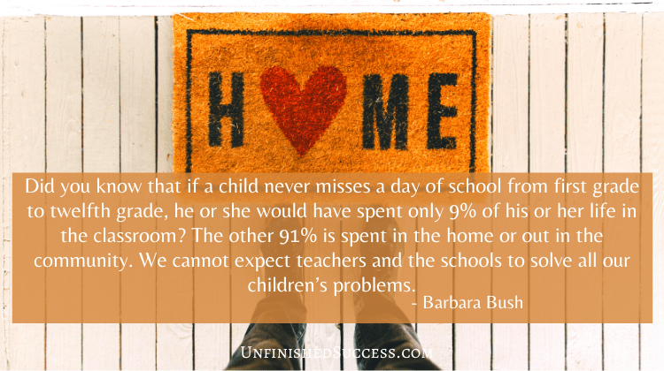 Did you know that if a child never misses a day of school from first grade to twelfth grade, he or she would have spent only 9 percent of his or her life in the classroom? The other 91 percent is spent in the home or out in the community. We cannot expect teachers and the schools to solve all our children’s problems